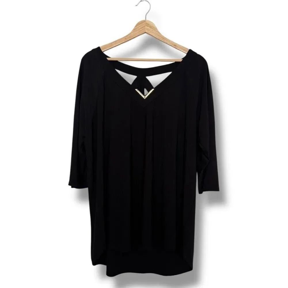 AUW Women's 2XL Black Keyhole Boho Babydoll Tunic Top
